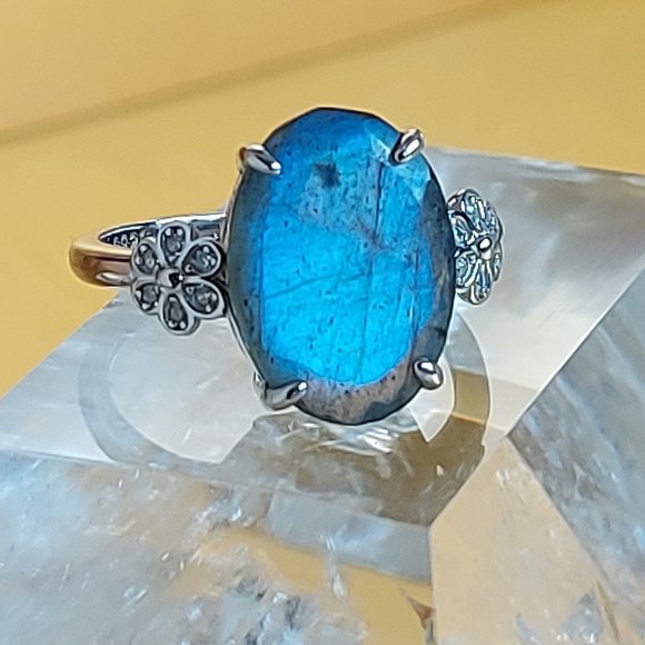 Natural Labradorite & CZ 925 Sterling Silver Ring Sz 6.75 - Picture 6 of 6